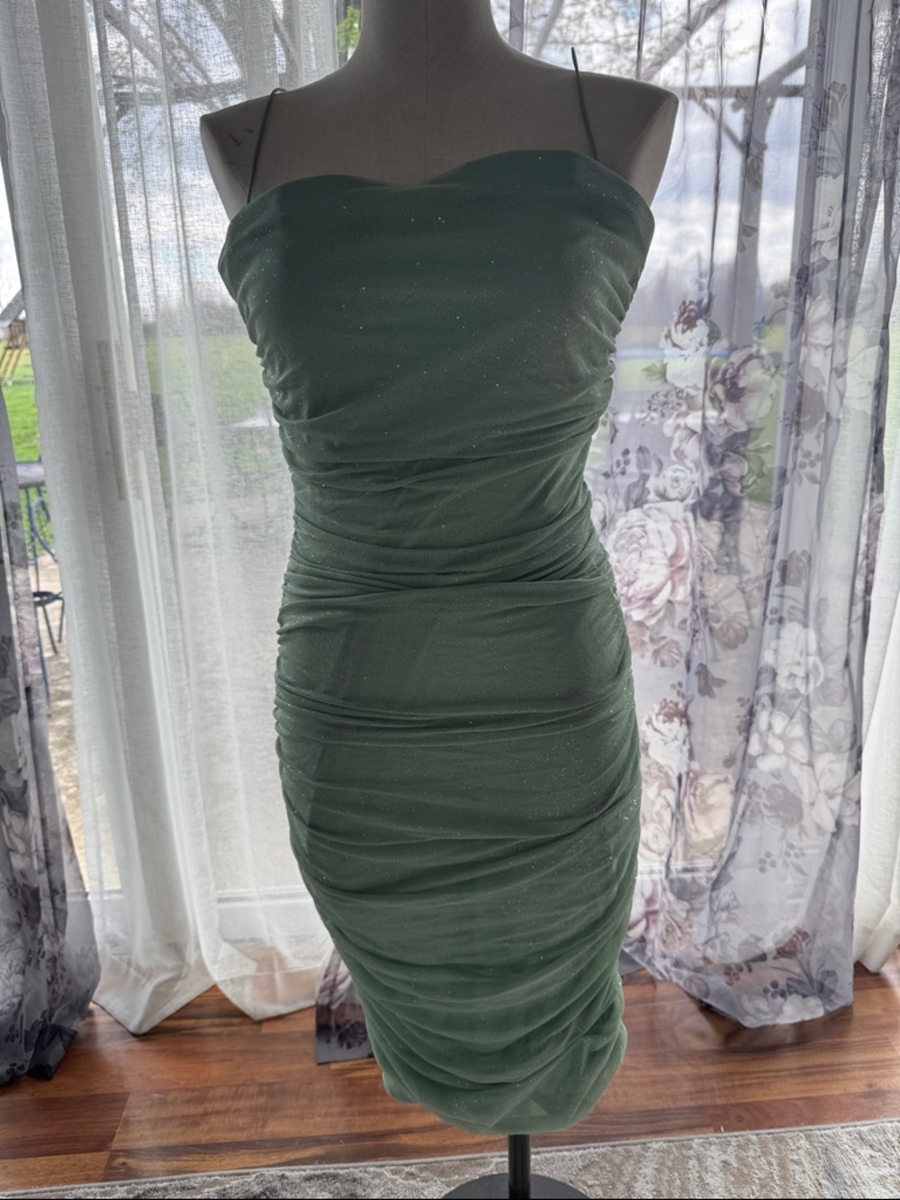 B.Darlin Thin strap Mint Green with sparkles Ruched Cocktail Dress